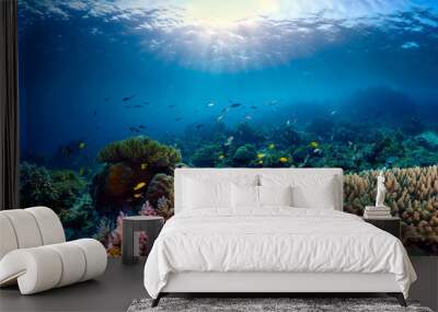  Underwater coral reef landscape super wide banner background in the deep blue ocean  Wall mural