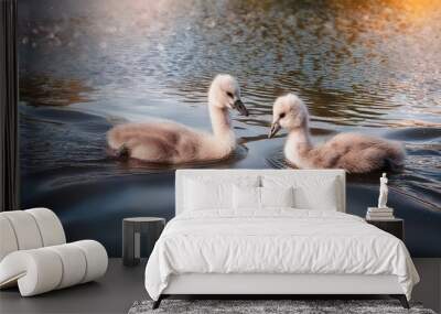 A beautiful family of swans swims gracefully in the lake. Bask in the soft sunlight With the greenery reflecting from their fur. The focus is on the face and body of the baby white swan. Wall mural