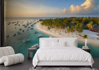 Aerial view of white sandy beach with palm trees, umbrellas, yachts, boats, blue ocean, Wall mural