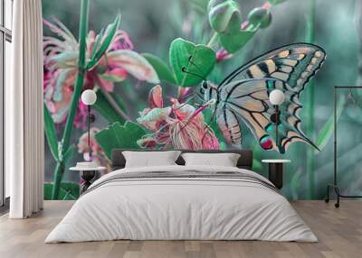 Beautiful butterfly sitting on flower in a summer garden Wall mural