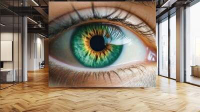 Green eyed woman staring close up of iris digitally, camera focus on Green eyed.  Wall mural