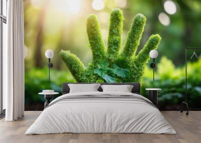 Green Thumbs Up in Lush Garden With Soft Sunlight. Responsible life in harmony with nature concept. A close-up of a green thumb shaped from foliage in a garden, with soft sunlight shining in the  Wall mural