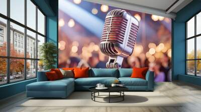 Professional vintage retro microphone on bright concert stage  Wall mural