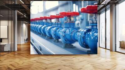 row of blue valves with red and silver handles  Wall mural