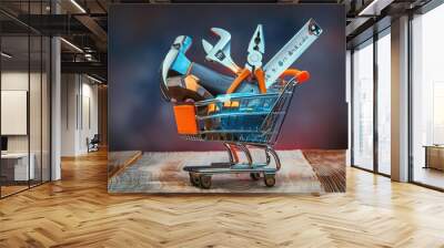 Small shopping cart with set of construction tools isolated  Wall mural