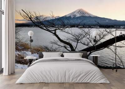 Mount Fuji in Winter Scene with Sunset Wall mural