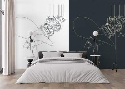 Outboard motor gearbox isometric blueprints Wall mural