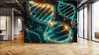 A digital illustration of a Brightly glowing DNA double helix against a dark background Wall mural