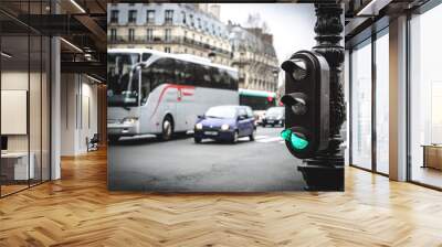 Green traffic light in the streets of Paris, France Wall mural