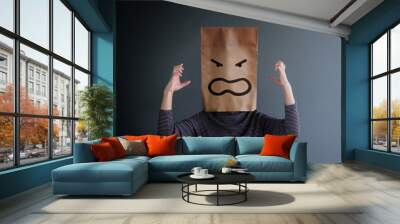 Customer Experience or Human Emotional Concept. Woman Covered her Face by Paper Bag and present Angry Feeling by Drawn Line Cartoon and Body Language Wall mural