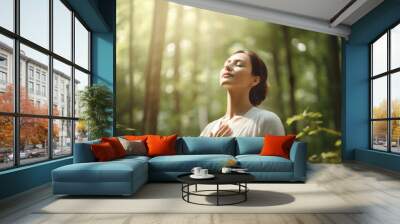 Harmony, Close to Nature Concepts, a Young Female Take Deep Breathing Fresh Air  in the Green Forest Woods. Engaging Body and Mind with Nature, Concept of Calm, Healthy Lifestyles. AI generative Wall mural