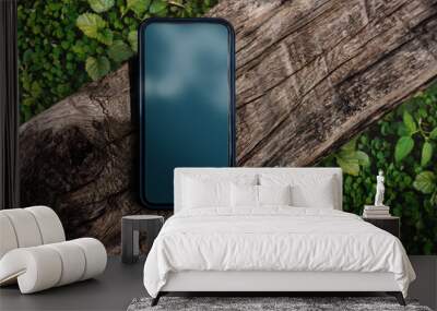 Mobile Phone Mockup image, Blank Display Screen as Clipping Path, Smart Phone Lay on Wooden Plank, Blurred Green Grass as background, Top View Wall mural