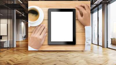 business man using tablet white screen display with coffee drink Wall mural