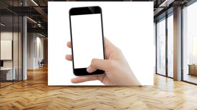 closeup hand use phone mobile isolated on white background Wall mural