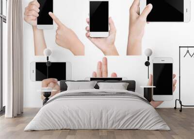 hand hold white modern smart phone show screen display isolated Wall mural