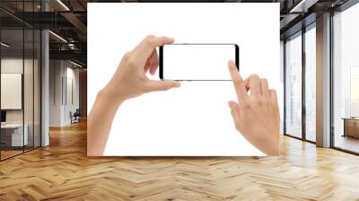 hand holding smartphone mobile and touching screen isolated on white background, cliping path inside Wall mural