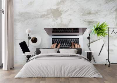 hand typing on laptop computer top view Wall mural