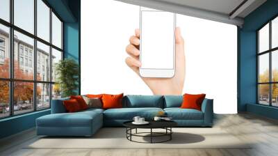 woman hand hold white phone isolated on white cutout with clippi Wall mural