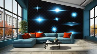 Bright particles, burning blue lights, stars, lasers. Vector. Wall mural