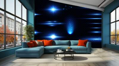 Bright particles, burning blue lights, stars, lasers. Vector. Wall mural