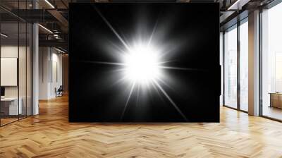 White glowing light explodes on a transparent background. Sparkling magical dust particles. Bright Star. Transparent shining sun, bright flash. Vector sparkles. To center a bright flash Wall mural