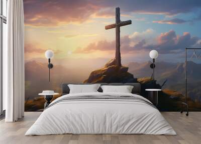 Holy cross symbolizing the death and resurrection of Jesus Christ shrouded in light and clouds at sunset Wall mural