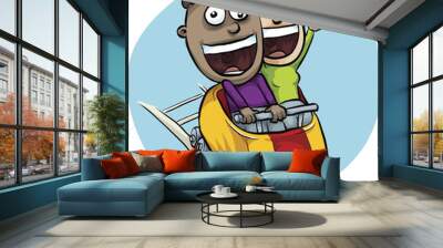 A cartoon boy and girl enjoying a ride on a rollercoaster as they pass the top and begin to descend. Wall mural