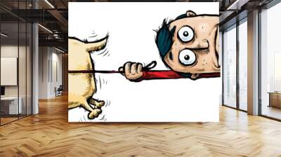 A cartoon man being pulled off of his feet by an excited, running pet dog. Wall mural