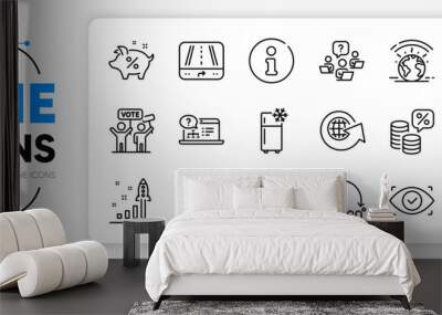 Bid offer, Money tax and Teamwork question line icons set for app include Info, Technical documentation, Move gesture outline thin icon. Electricity, World globe, Loan percent pictogram icon. Vector Wall mural