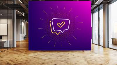 Check mark line icon. Halftone pattern. Approved sign. Speech bubble chat symbol. Gradient background. Approved line icon. Yellow halftone pattern. Vector Wall mural