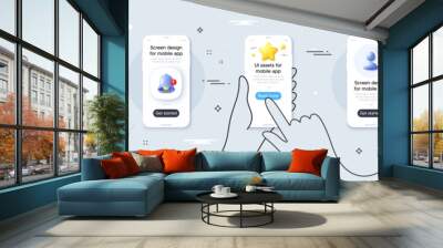 Cloud communication, Stop talking and Growth chart line icons pack. Phone screen mockup with 3d star, alert and chat message. Dot plot, Correct answer, Swipe up web icon. Vector Wall mural