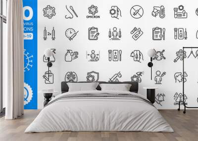 Coronavirus Covid line icons set. Coronavirus protection, Pneumonia virus and Omicron covid test. Medical mask, washing hands, swab pcr test. Stay home, vaccine booster, antiseptic sanitizer. Vector Wall mural