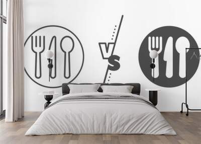 Cutlery sign. Versus concept. Food line icon. Fork, knife, spoon symbol. Line vs classic food icon. Vector Wall mural