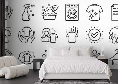 Dryer, Washing machine and dirt shirt. Laundry line icons. Laundromat, hand washing, soap bubbles in basin icons. Dry t-shirt, laundry service, dirty smudge spot. Clean clothes. Vector Wall mural