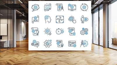 Engineering line icons. Set of Idea bulb, Dividers tools and Blueprint linear icons. Cogwheel, calculate price, mechanical tools. Idea bulb with cog, architect dividers, engineering people. Vector Wall mural