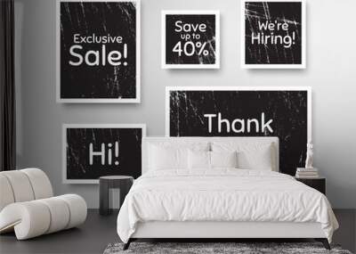 Exclusive sale, 40% discount and hiring. Black photo frames with scratches. Thank you phrase. Sale shopping text. Grunge photo frames. Images on wall, retro memory album. Vector Wall mural