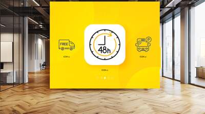 Free delivery, Bus parking and 48 hours minimal line icons. Yellow abstract background. Delivery insurance, World travel icons. For web, application, printing. Vector Wall mural