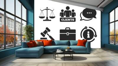 Group of clients symbol. Chat, info sign. Scales of Justice icon. Auction hammer sign. Law judge gavel. Court of law. Classic style speech bubble icon. Vector Wall mural