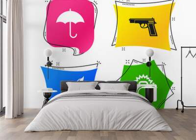 Gun weapon icon.Knife, umbrella and photo camera with flash signs. Edged hunting equipment. Prohibition objects. Geometric colorful tags. Banners with flat icons. Trendy design. Vector Wall mural