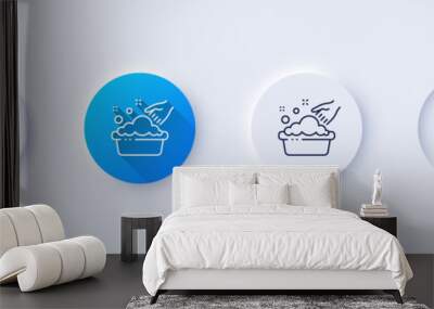 Hand washing line icon. Neumorphic, Blue gradient, 3d pin buttons. Laundry service sign. Clothing cleaner symbol. Line icons. Neumorphic buttons with outline signs. Vector Wall mural