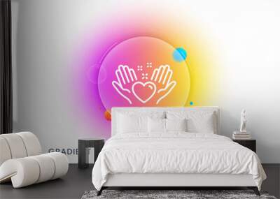 Hold heart line icon. Gradient blur button with glassmorphism. Friends love sign. Friendship hand symbol. Transparent glass design. Hold heart line icon. Vector Wall mural