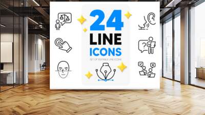 Icons set of Dont touch, Whisper and Delegate question line icons pack for app with Lawyer, Restaurant food, Search employee thin outline icon. Lgbt, Outsource work, Face recognition pictogram. Vector Wall mural