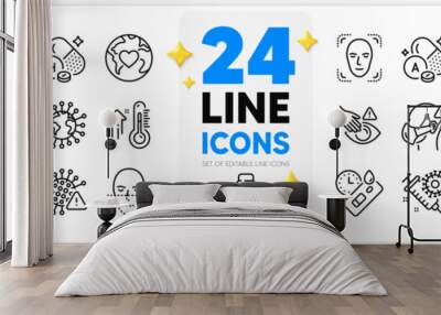 Icons set of Nurse, Volunteer and Coronavirus line icons pack for app with Do not touch, Donation, Face detection thin outline icon. Vitamin a, Covid virus, Eu close borders pictogram. Vector Wall mural