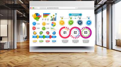 Infographics timeline templates. Business data graphs. Financial pie chart. Presentation slide graph elements. Timeline data chart. Infographics with 3, 4 steps. Web browser window. Vector Wall mural