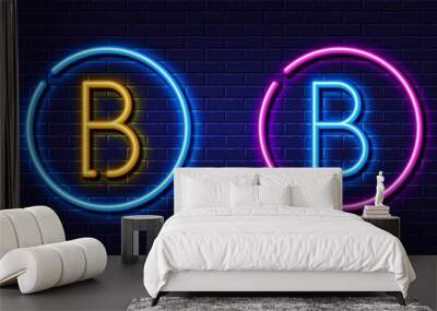 Initial letter B icon. Neon light line effect. Line typography character sign. Large first font letter. Glowing neon light element. Letter B glow 3d line. Brick wall banner. Vector Wall mural