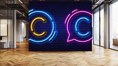 Initial letter C icon. Neon light line effect. Line typography character sign. Large first font letter. Glowing neon light speech bubble. Letter C glow 3d line. Brick wall banner. Vector Wall mural