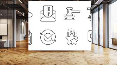 Legal documents, Bill accounting and Judge hammer line icons set. Ranking stars, Approved and Cloud upload signs. Clock, Credit card symbols. Justice scale, Audit report, Judgement. Vector Wall mural