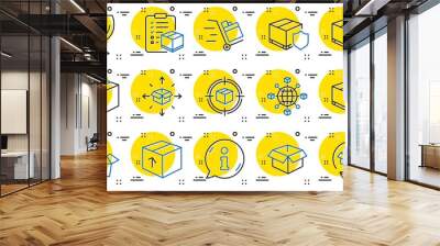 Logistics, Shipping document line icons. Set of Truck Delivery, Box and Checklist icons. Parcel tracking shipping, World trade logistics. Location pin, Goods parcel insurance and document. Vector Wall mural