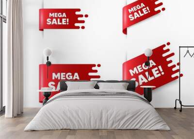 Mega Sale text. Red ribbon tag banners set. Special offer price sign. Advertising Discounts symbol. Mega sale sticker ribbon badge banner. Red sale label. Vector Wall mural