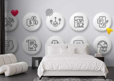 Money currency, Copywriting notebook and Smile face line icons. White buttons 3d icons. Pack of Report, Internet notification, Correct way icon. 5g wifi, Spanner tool, Lock pictogram. Vector Wall mural